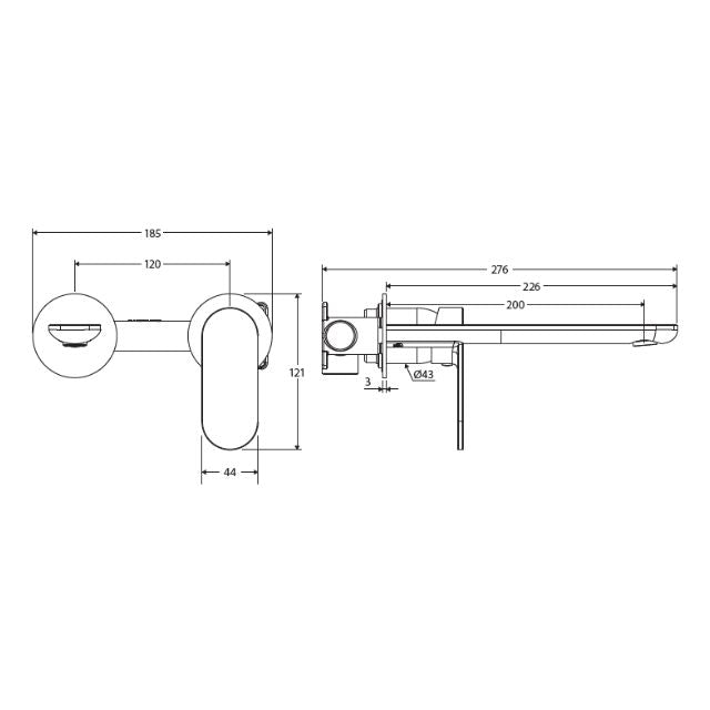 Technical Drawing Fienza Empire Slim Basin/Bath Wall Mixer Set Round Plates 200mm Brushed Copper 234104CO-200-LF - The Blue Space