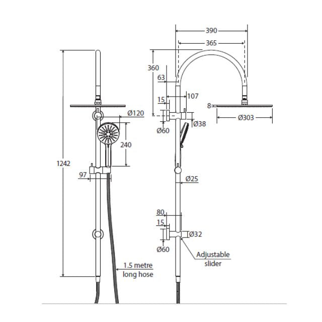 Technical Drawing Fienza Empire Slim Curved Twin Shower Urban Brass 455110UB - The Blue Space