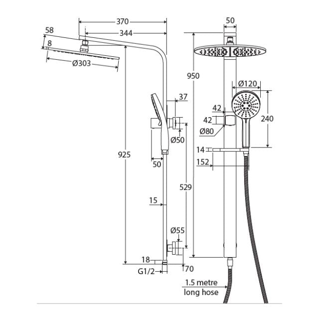 Technical Drawing Fienza Empire Slim Deluxe Twin Shower Matte Black 455124B - The Blue Space