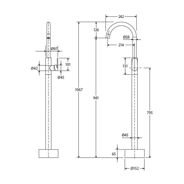 Technical Drawing Fienza Empire Slim Floor Mounted Basin/bath Mixer Brushed Nickel 221112BN-LF - The Blue Space