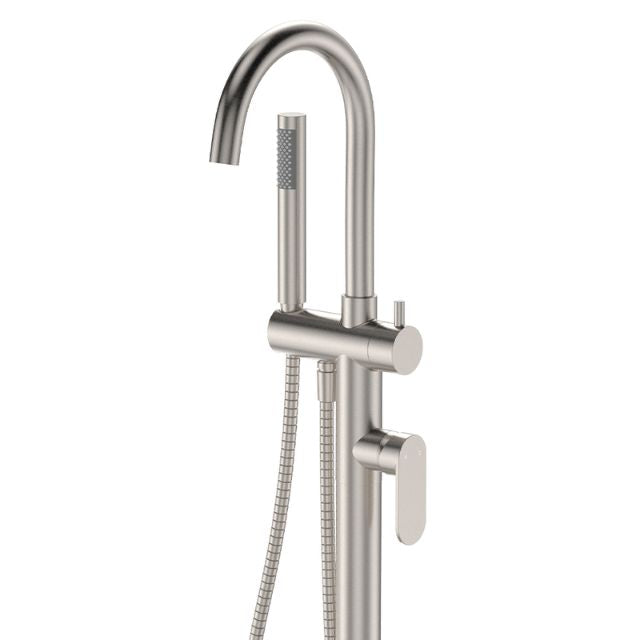 Close Fienza Empire Slim Floor Mounted Bath Mixer with Hand Shower Brushed Nickel 234113BN - The Blue Space