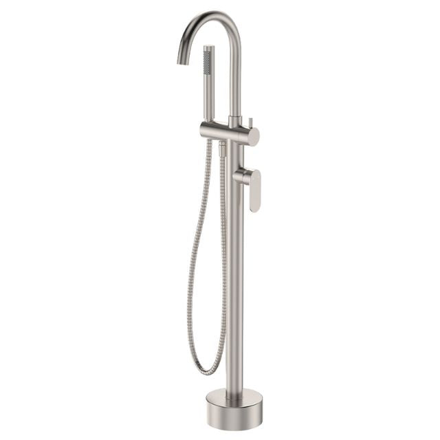 Fienza Empire Slim Floor Mounted Bath Mixer with Hand Shower Brushed Nickel 234113BN - The Blue Space