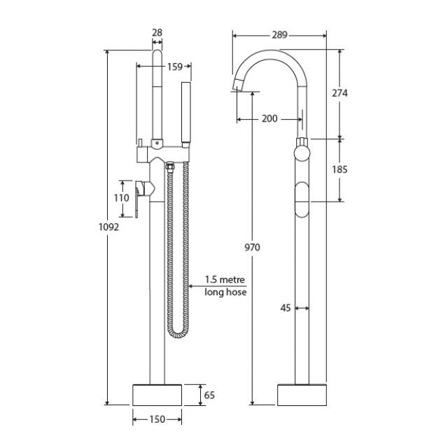 Technical Drawing Fienza Empire Slim Floor Mounted Bath Mixer with Hand Shower Chrome 234113 - The Blue Space