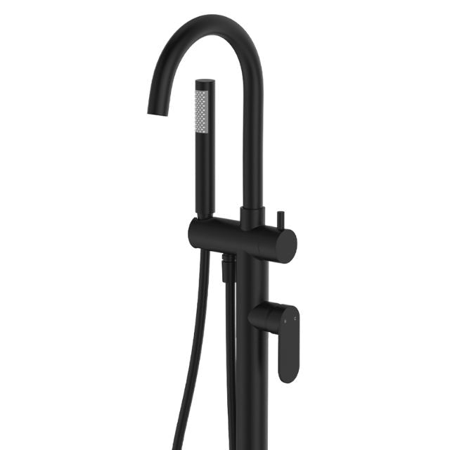 Close Fienza Empire Slim Floor Mounted Bath Mixer with Hand Shower Matte Black 234113B - The Blue Space