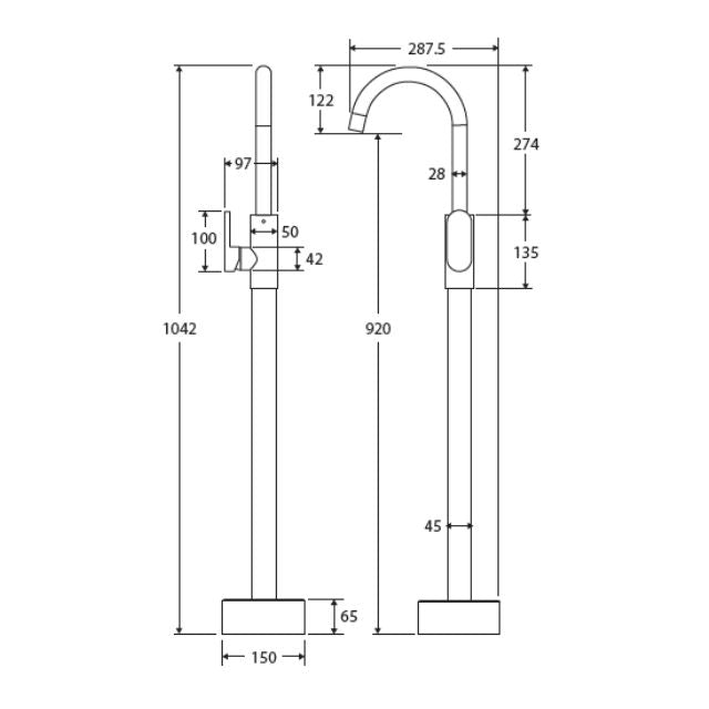 Technical Drawing Fienza Empire Slim Floor Standing Mixer 221112 - The Blue Space