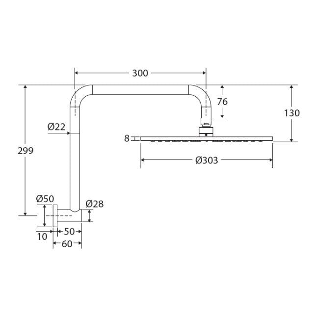 Technical Drawing Fienza Empire Slim Gooseneck Shower Arm Set Chrome 411109-A - The Blue Space