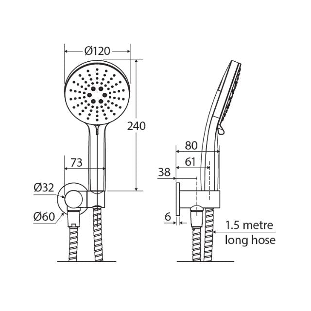 Technical Drawing Fienza Empire Slim Hand Shower Round Plate Brushed Nickel 433202BN - The Blue Space