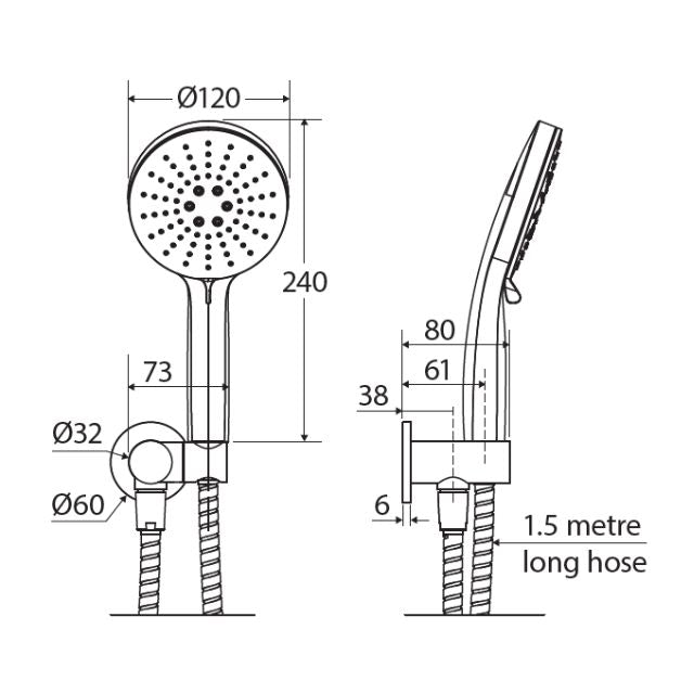 Technical Drawing Fienza Empire Slim Hand Shower Round Plate Chrome 433202 - The Blue Space