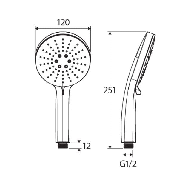 Technical Drawing Fienza Empire Slim Handheld Shower Head 3 Function Chrome MSH117 - The Blue Space