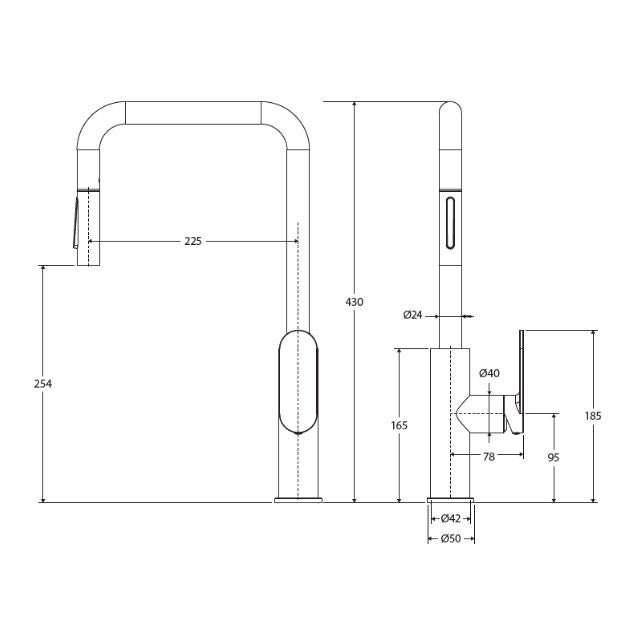 Technical Drawing Fienza Empire Slim Pull Out Sink Mixer Brushed Nickel 234108BN-LF - The Blue Space