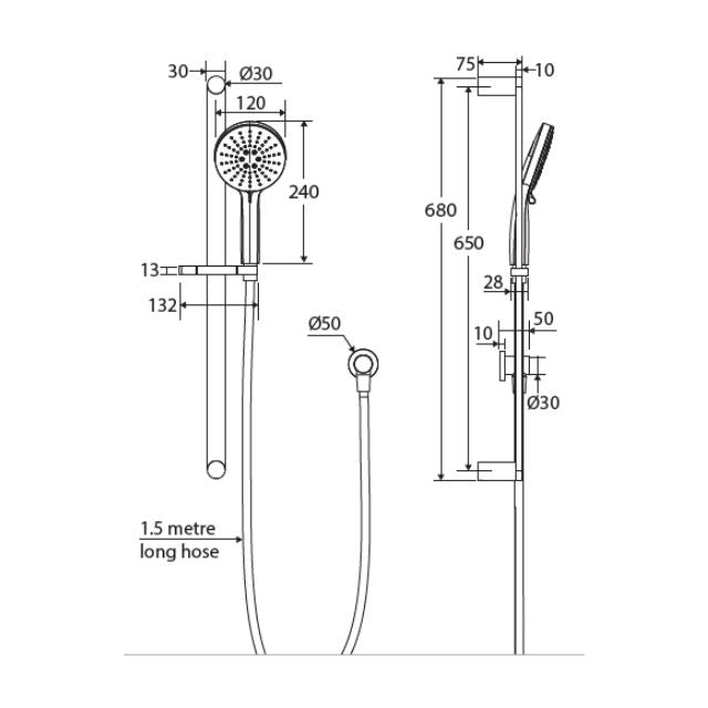 Technical Drawing Fienza Empire Slim Rail Shower Brushed Copper 444118CO - The Blue Space