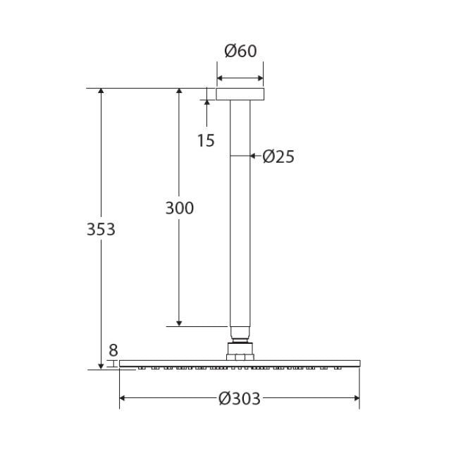 Technical Drawing Fienza Empire Slim Shower Ceiling Dropper Set Brushed Copper 411109CO-C - The Blue Space