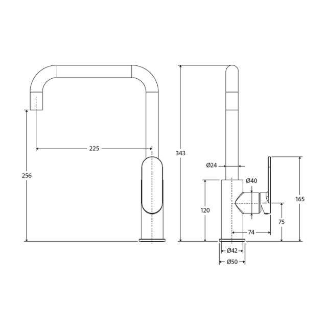 Technical Drawing Fienza Empire Slim Sink Mixer Chrome 234105-LF - The Blue Space