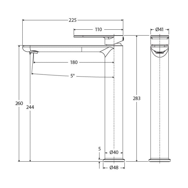 Technical Drawing Fienza Empire Slim Tall Basin Mixer Cold Start Brushed Nickel 234107BN-LF - The Blue Space