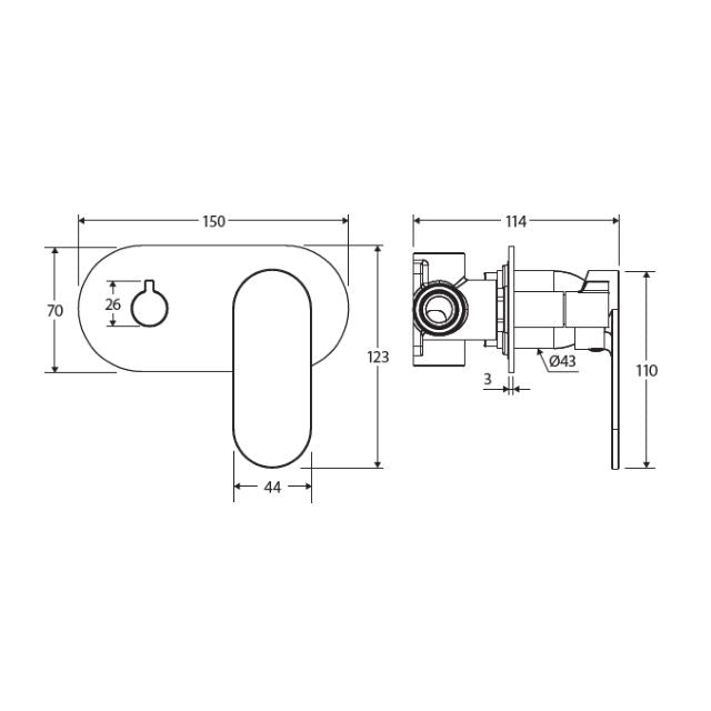 Technical Drawing Fienza Empire Slim Wall Diverter Mixer Large Oval Plate Horizontal Brushed Copper 234112CO-LF - The Blue Space