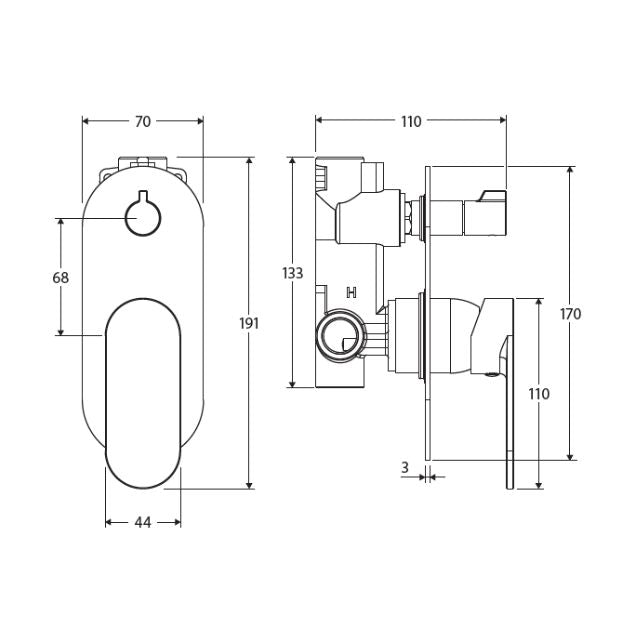 Technical Drawing Fienza Empire Slim Wall Diverter Mixer Large Oval Plate Vertical Chrome 234102-LF - The Blue Space