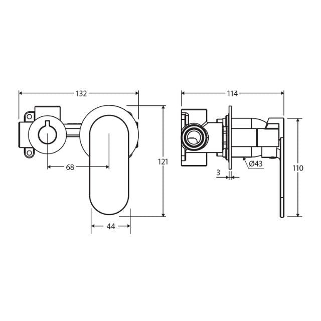 Technical Drawing Fienza Empire Slim Wall Diverter Mixer Small Round Plates Horizontal Brushed Copper 234112CO-4-LF - The Blue Space