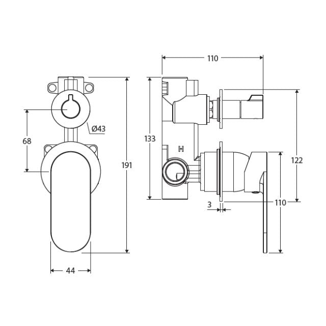 Technical Drawing Fienza Empire Slim Wall Diverter Mixer Small Round Plates Vertical Brushed Copper 234102CO-4-LF - The Blue Space