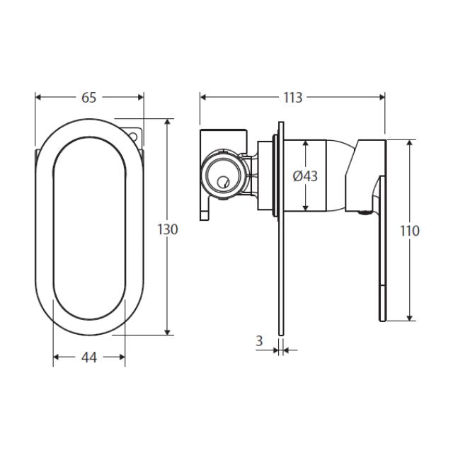 Technical Drawing Fienza Empire Slim Wall Mixer Oval Plate Brushed Copper 234101CO-LF - The Blue Space