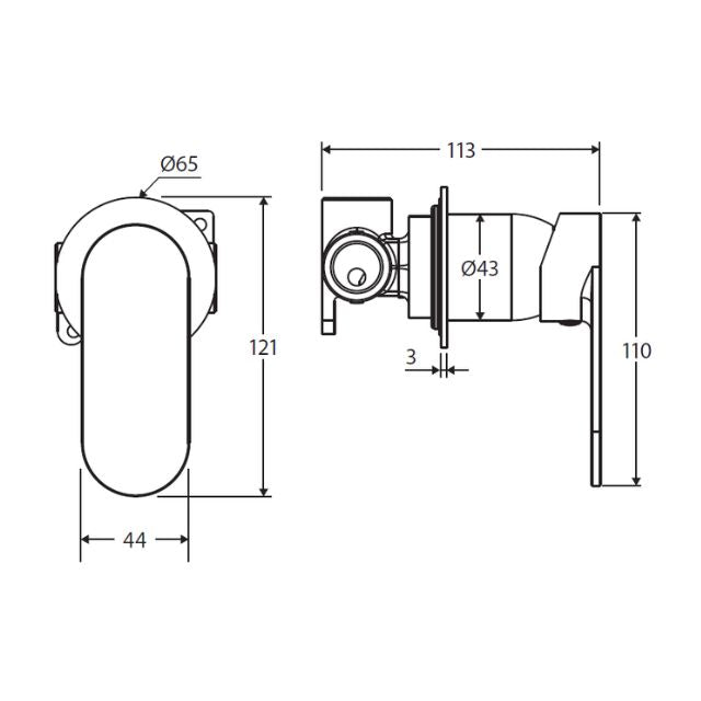 Technical Drawing Fienza Empire Slim Wall Mixer Round Plate Chrome 234101-2-LF - The Blue Space