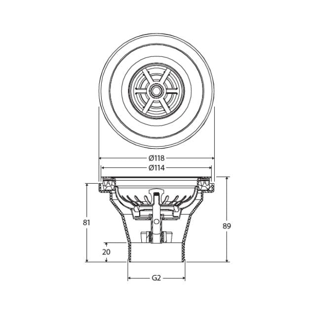 Technical Drawing Fienza Hana Sink Basket Waste Rugged Brass 50X90mm With Extended Bolt A3RB - The Blue Space