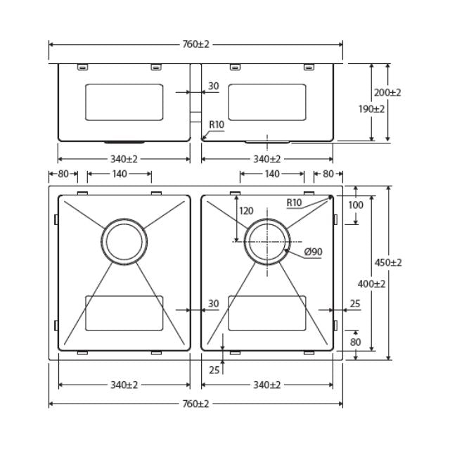 Technical Drawing Fienza Hana Double Bowl Sink 27L-27L Top/Undermount 760X450X200mm 68403 - The Blue Space