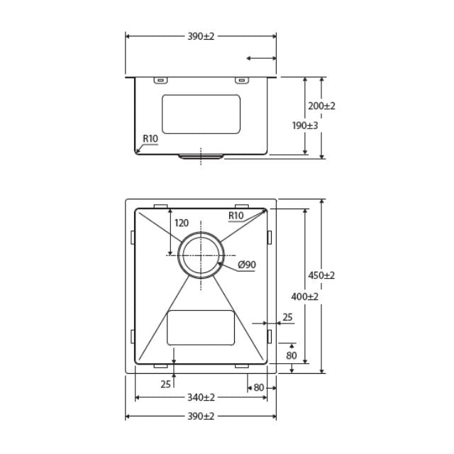 Technical Drawing Fienza Hana Single Bowl Sink 27L Top/Undermount 390X450X200mm 68400 - The Blue Space