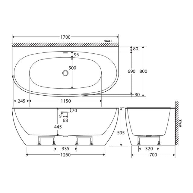 Technical Drawing Fienza Keeto Back-to-wall Acrylic Bath With Overflow 1700mm FR65-1700-OF - The Blue Space