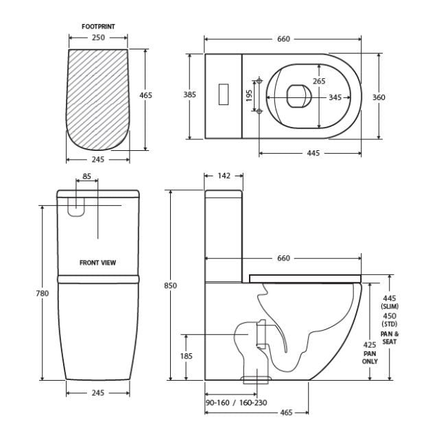 Technical Drawing Fienza Koko Tornado Back-to-Wall Toilet Suite Matte White - Pan + Seat + R&T Cistern - P-Trap K002MWP - The Blue Space