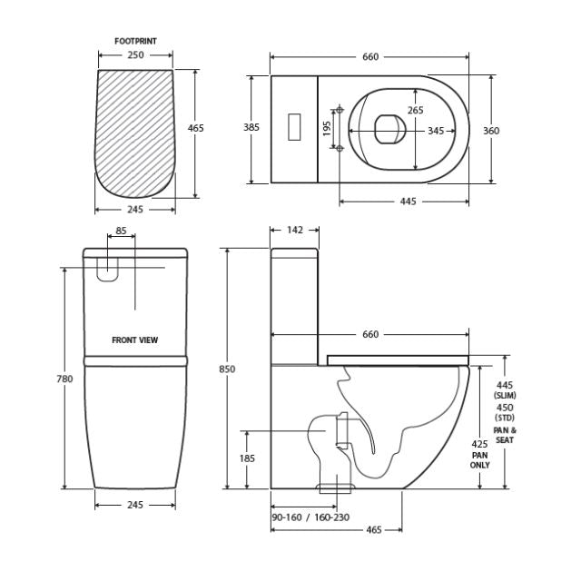 Technical Drawing Fienza Koko Tornado Flush Back-to-Wall Toilet Suite Gloss White - Pan + Seat + GEBERIT Cistern - P-Trap K002GEP - The Blue Space