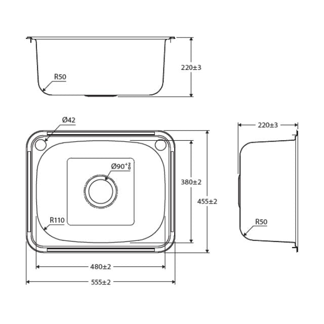 Technical Drawing Fienza Tiva Laundry Sink Medium Topmount 35L 2Th 555X455X220mm Includes Flexible Bypass Kit 68201 - The Blue Space