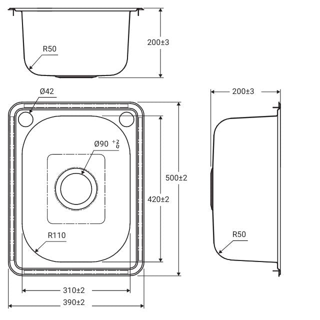 Tecnical Drawing Fienza Tiva Laundry Sink Small Topmount 22L 2TH 500X390X200mm Includes Flexible Bypass Kit 68200 - The Blue Space