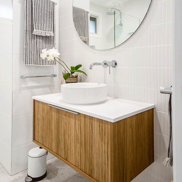 Glenorie Bathroom Renovation x the blue space - marquis cove vanity, kit kat tiles, white bi , chrome caroma taps