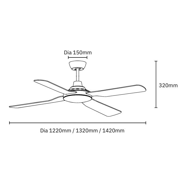 Line drawing Martec Discovery II 1220mm Ceiling Fan White MDF124W - The Blue Space