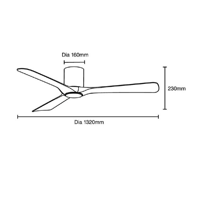 Line Drawing Martec Fresno DC 1320mm Hugger Ceiling Fan with LED Light Matt Black MFDC1333M - The Blue Space