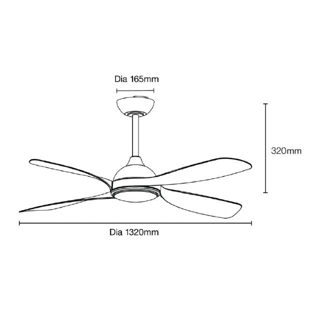 Line Drawing Martec Hampton DC 1320mm Ceiling Fan with LED Light Matt Black MHDC1343M - The Blue Space