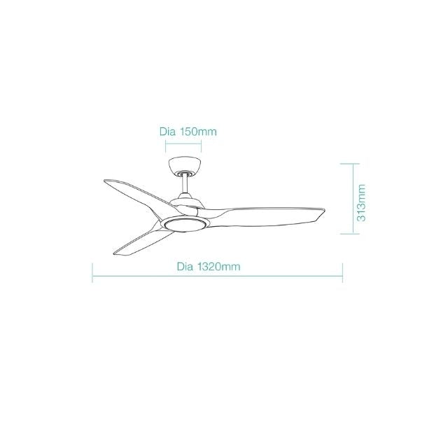 Line Drawing Martec Impact DC 1320mm Ceiling Fan Matt Black MIDC133M - The Blue Space