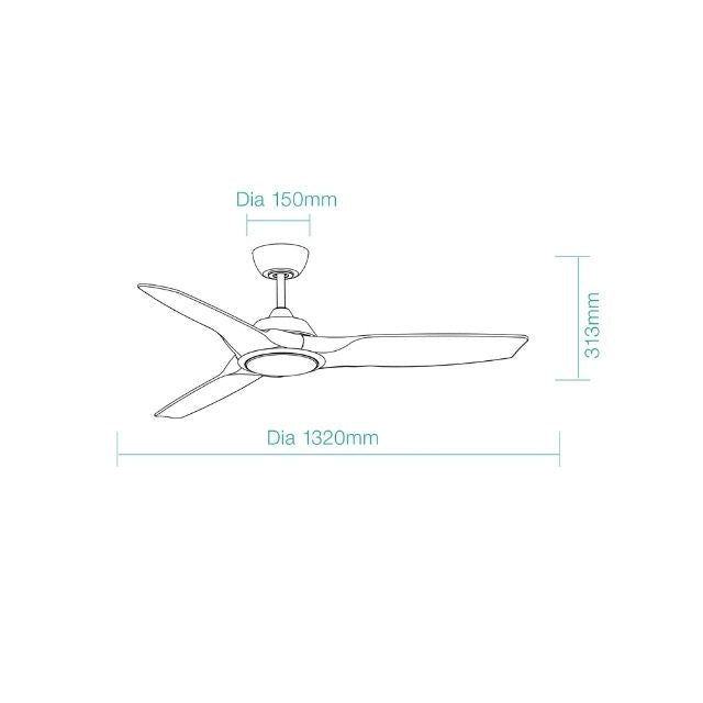 Line Drawing Martec Impact DC 1320mm Ceiling Fan with LED Light Matt Black MIDC1333M - The Blue Space