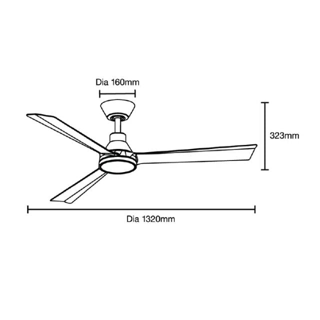 Line Drawing Martec Riviera DC 1320mm Ceiling Fan with LED Light Matt Black MRDC1333M - The Blue Space