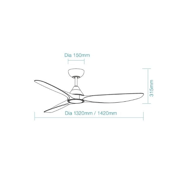 Line drawing Martec Seaforth DC 1320mm Ceiling Fan with LED Light Matt White MDCS1333W - The Blue Space