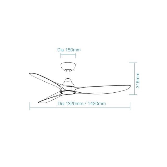 Line Drawing Martec Seaforth DC 1420mm Ceiling Fan with LED Light Matt Black MDCS1433M - The Blue Space