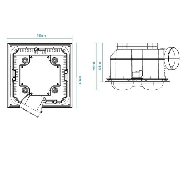 Line Drawing Martec Striker 4 Heat 3 in 1 Bathroom Heater Exhaust Fan with LED Downlight White MBHS4LW - The Blue Space