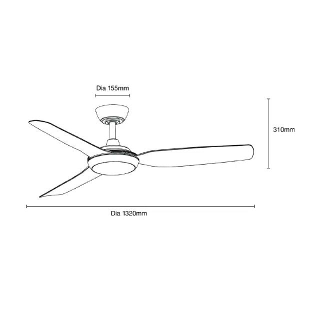 Line Drawing Martec Viper DC 3 1220mm Ceiling Fan with LED Light Matt White MVDC1233W - The Blue Space