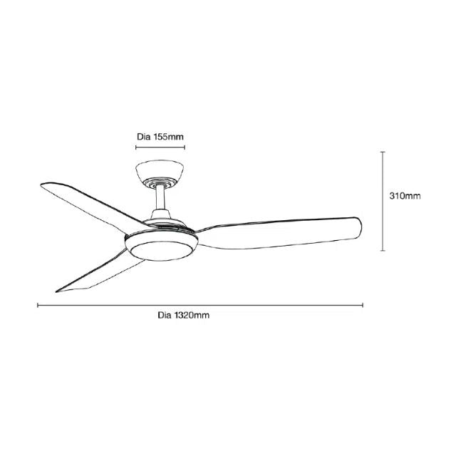 Line Drawing Martec Viper DC 3 1320mm Ceiling Fan with LED Light Matt Black MVDC1333M - The Blue Space