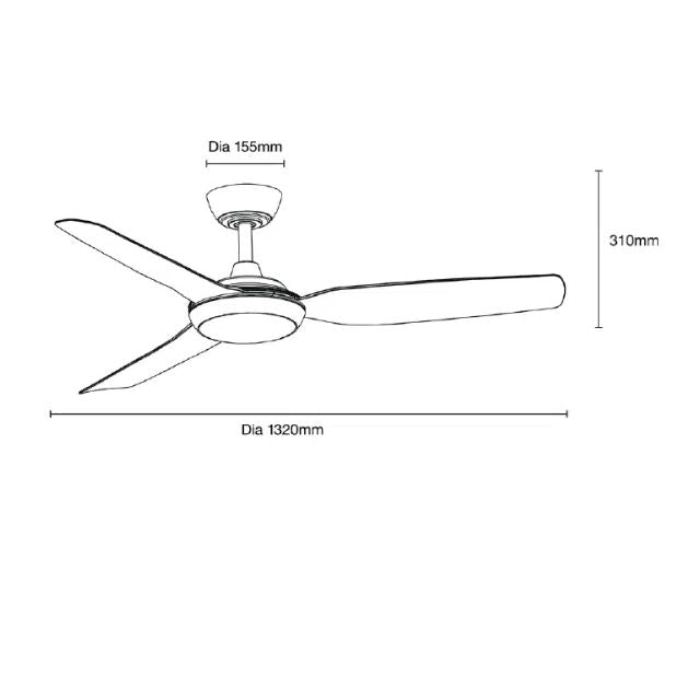 Line Drawing Martec Viper DC 3 1320mm Ceiling Fan with LED Light Matt White MVDC1333W - The Blue Space