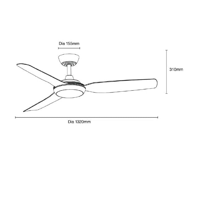 Line Drawing Martec Viper DC 4 1320mm Ceiling Fan with LED Light Matt White MVDC1343W - The Blue Space