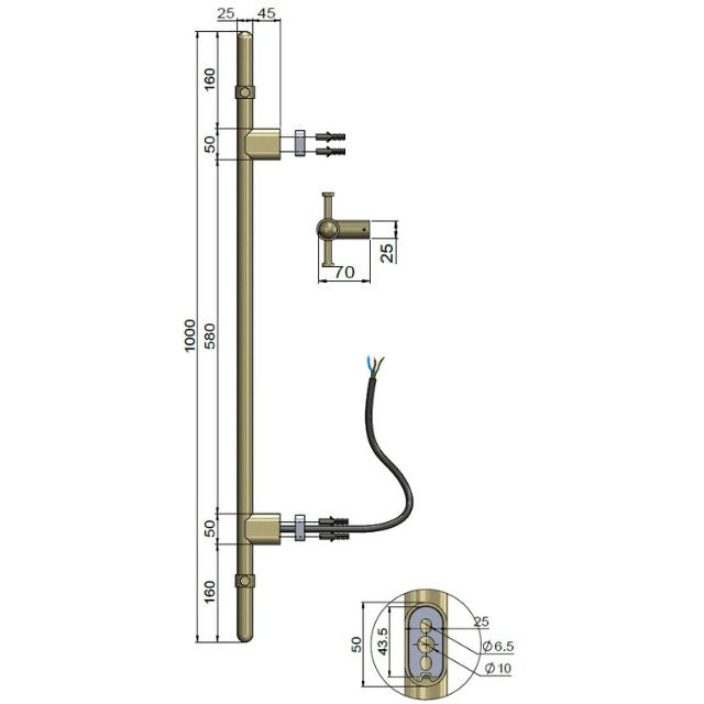 Technical Drawing Meir Heated Towel Rail Matte Black MHT02B - The Blue Space