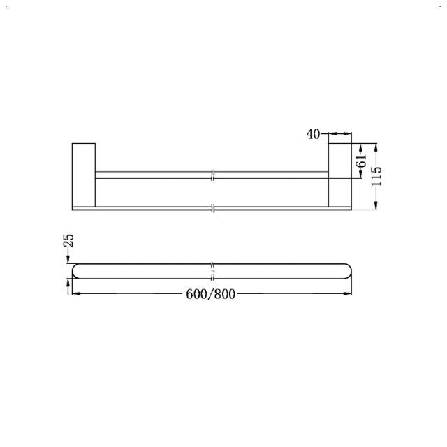 Technical Drawing Nero Bianca Double Towel Rail 600mm Brushed Bronze NR9024DBZ - The Blue Space