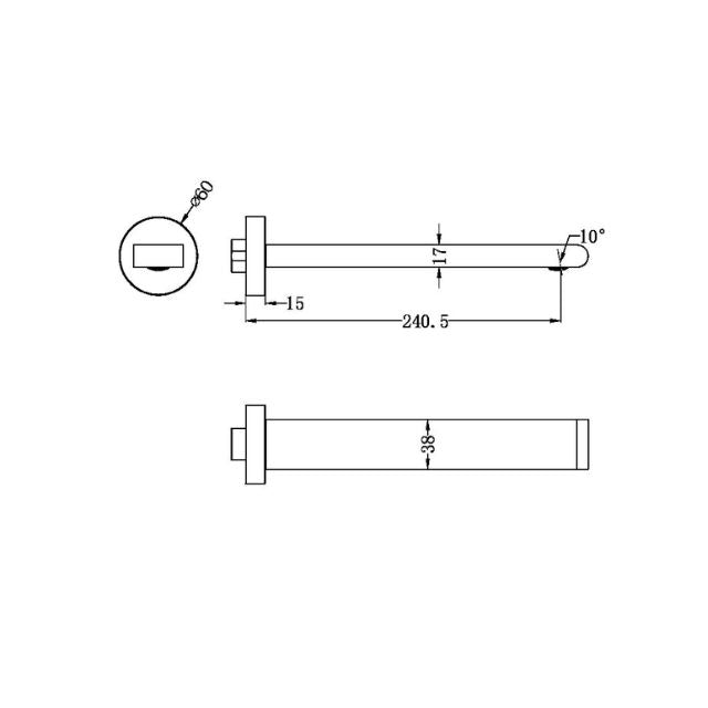 Technical Drawing Nero Bianca Fixed Bath Spout Only 240mm Brushed Bronze NR321503BBZ - The Blue Space