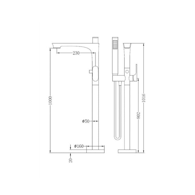 Technical Drawing Nero Bianca Freestanding Bath Mixer With Hand Shower Brushed Bronze NR321503ABZ - The Blue Space